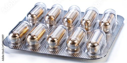 A blister pack shows transparent capsules filled with a shiny golden substance, arranged neatly in compartments. This scene highlights a focus on health supplements or medication