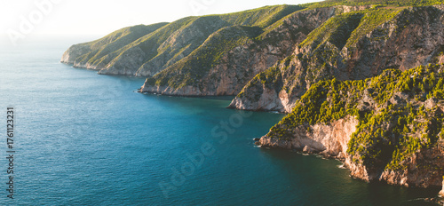 Greece. Zakynthos Island coastline. Famous Shipwreck Cove with blue sea of the Mediterranean landscape.
