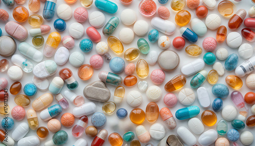 A diverse assortment of pills and capsules in various shapes, sizes, and colors spread across a bright white surface, showcasing different types of medication typically found in a pharmacy