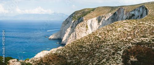 Greece. Zakynthos Island coastline. Famous Shipwreck Cove with blue sea of the Mediterranean landscape.