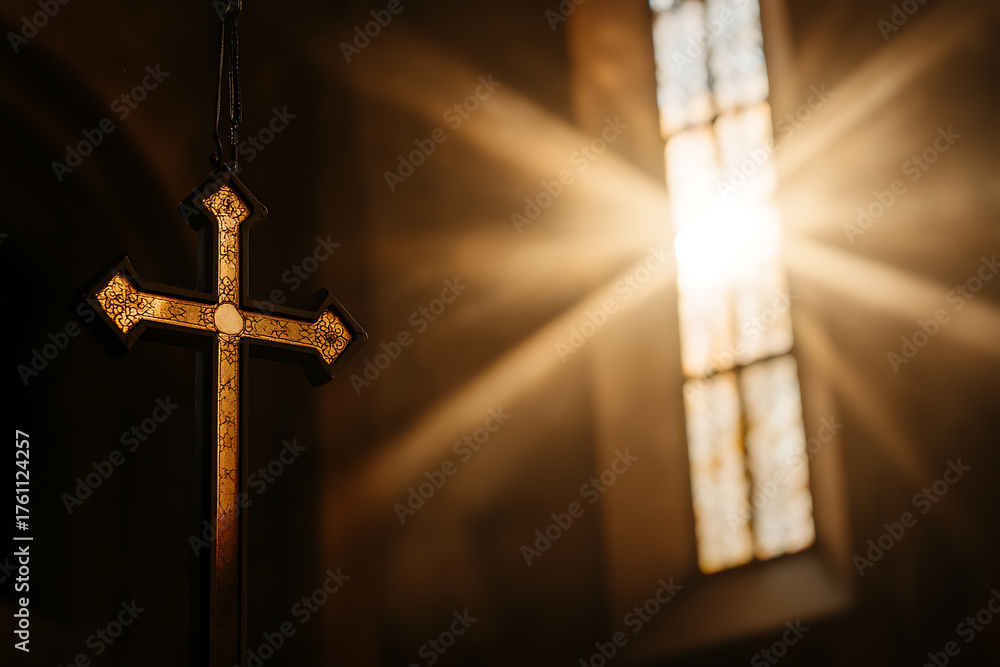 Naklejka premium Warm light streams through a vintage stained-glass window, illuminating a gold cross. Faith, spirituality, belief, hope, religion, and divine light are represented.