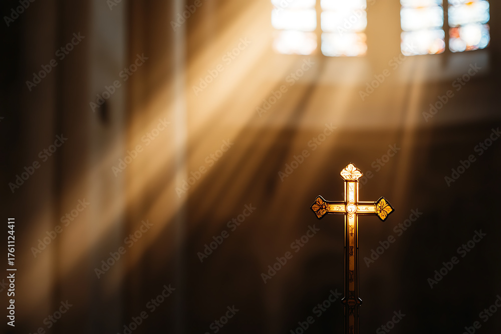 Naklejka premium Golden cross bathed in sunlight, stained glass windows filtering light, creating a spiritual ambiance. Symbol of faith and hope in a tranquil church setting.