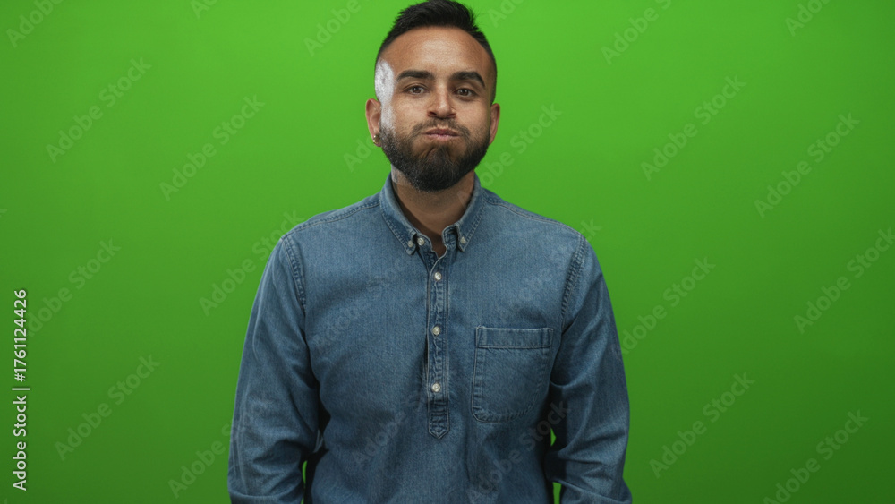 Fototapeta premium Young hispanic man with puffed cheeks and beard pointing both index fingers while wearing denim shirt in green studio; playful amusement.