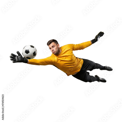 Soccer goalkeeper diving to save ball isolated on black background