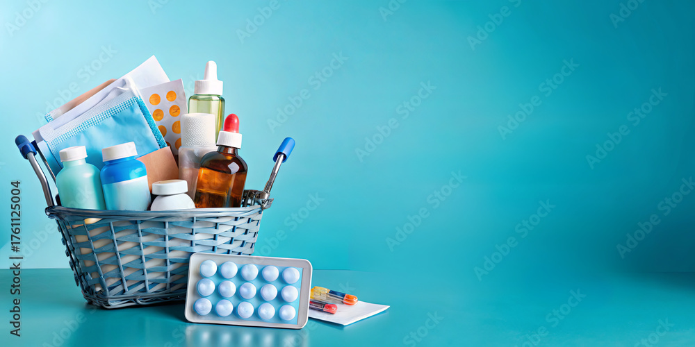 Obraz premium A basket holds various health supplies, including medicines, syrups, and vitamins. This arrangement provides convenient access to essential items during illness
