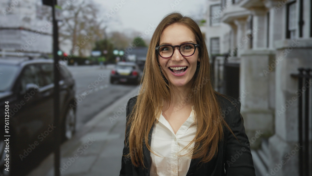Fototapeta premium Young woman smiles broadly with open mouth beside parked cars on city street; joy optimism confidence.
