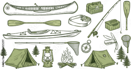 Camping and Outdoor Adventure Gear Silhouettes Featuring Boats, Tents, Fishing Tools, Campfire, Lantern, Trees, and Survival Equipment Icons