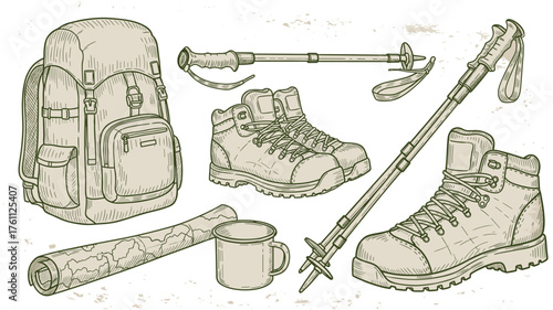 Sketch-Style Hiking Gear Illustration Featuring Backpack, Boots, Trekking Poles, Map Roll, and Camping Mug for Outdoor Adventure Design