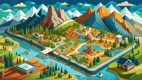 Very beautiful miniature tilt-shift map of Idaho and Montana, featuring mountain ranges, scenic highways, and vast valleys, blending artistic perspective with real-world travel inspiration and natural