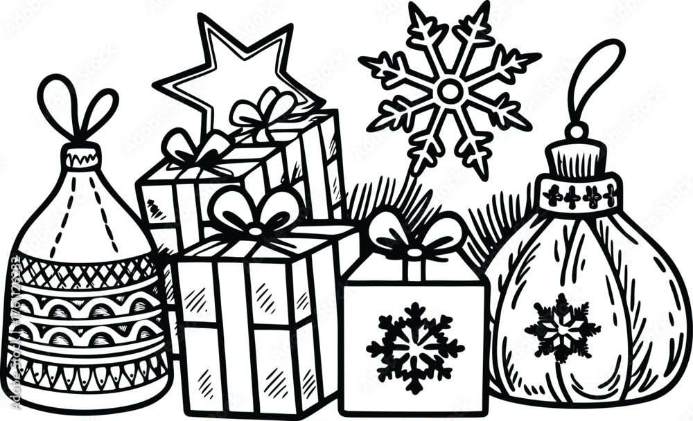Fototapeta premium Christmas Gifts, Ornaments, Snowflake and Star present