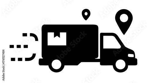 Delivery truck with package and location pins indicating fast shipping and tracking services online now