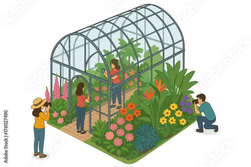 Female photographer captures nature in vibrant greenhouse scene