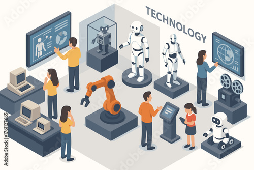 Isometric technology showcase with diverse people and robots in a futuristic exhibit