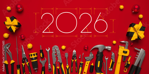 Fototapeta Naklejka Na Ścianę i Meble -  2026 New Year design template with construcrion tools set. 3d render illustration on engineering, construction, interior finishing, repair and maintenance theme.