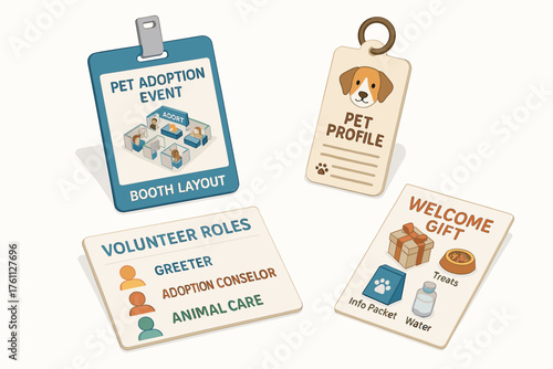 Pet adoption event materials featuring booth layout and volunteer roles