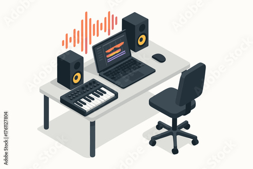 Modern music production workspace with laptop, speakers, and midi keyboard