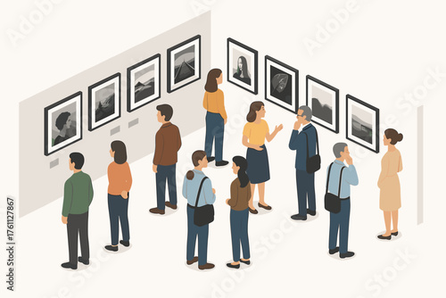 Diverse adults viewing black-and-white art in gallery setting