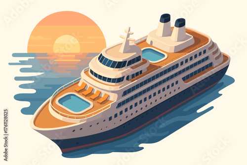Luxury cruise ship sailing at sunset with pool deck and beautiful ocean views