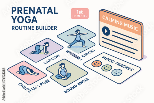 Prenatal yoga routine for first trimester featuring calming music and mood tracker