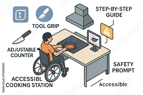 Accessible cooking station for disabled individuals with adjustable features and safety guides