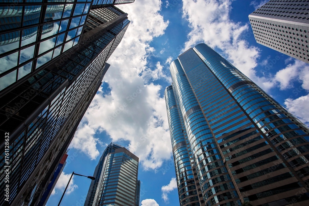 Obraz premium Skyscrapers in Hong Kong viewed from below, with dramatic clouds and sunlight between the towers.