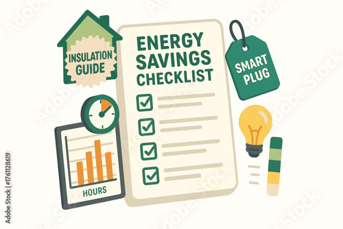 Energy savings checklist with insulation guide and smart plug graphics