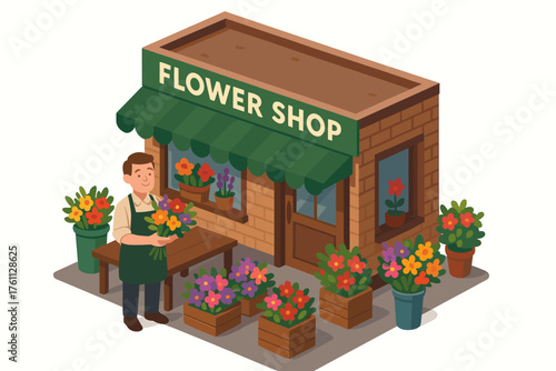 Caucasian male florist arranging bouquets outside charming flower shop
