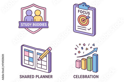 Study buddies: shared planner, focus checklist, celebration icons