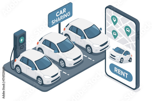Car sharing service concept with electric cars and mobile app interface