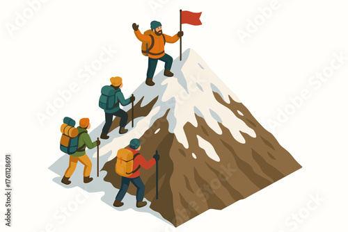 Team of diverse climbers conquering snowy mountain peak