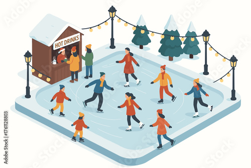 Festive outdoor ice skating rink with diverse adults enjoying winter sports