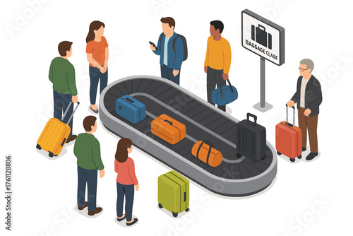Baggage claim with diverse group of people waiting for luggage