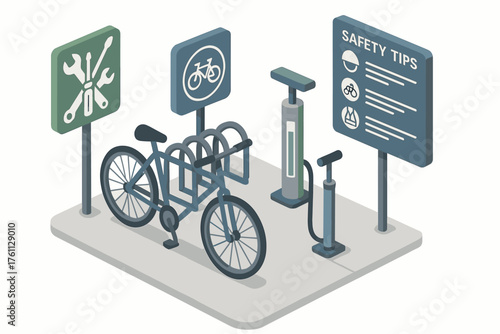 Bicycle parking area with repair tools and safety tips sign