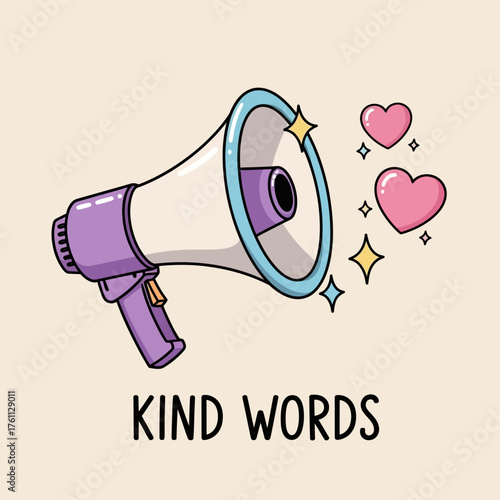 A cute cartoon megaphone emitting hearts and sparkles, symbolizing the power of kind words and positive communication