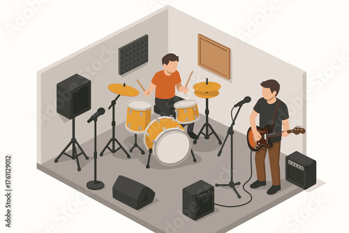 Two young caucasian males practicing music in rehearsal room with drums and guitar