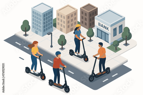 Caucasian adults riding scooters in city street with buildings and bank