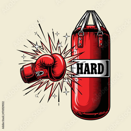 A retro-style illustration of a powerful boxing glove landing a hard punch on a heavy bag, depicting strength and training