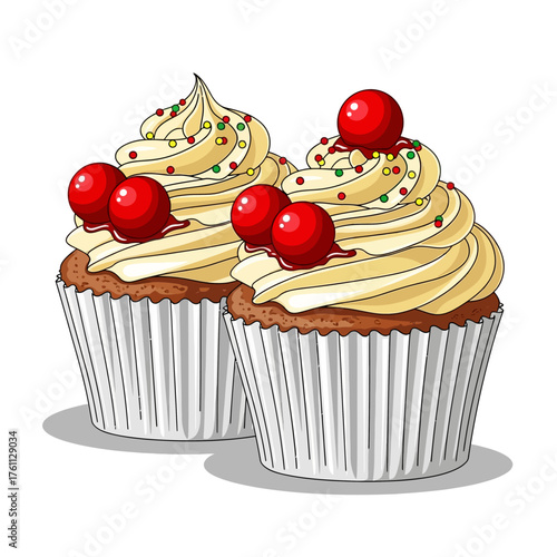 A detailed vector illustration of two delicious cupcakes with creamy vanilla frosting, adorned with shiny red cherries and colorful sprinkles on a white background