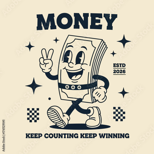 A walking money stack character in a retro cartoon style. This happy mascot illustration symbolizes wealth and winning