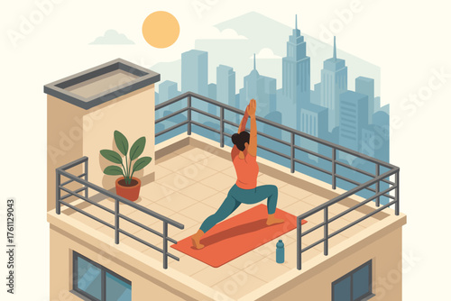 Hispanic female practicing yoga on rooftop terrace with city skyline view