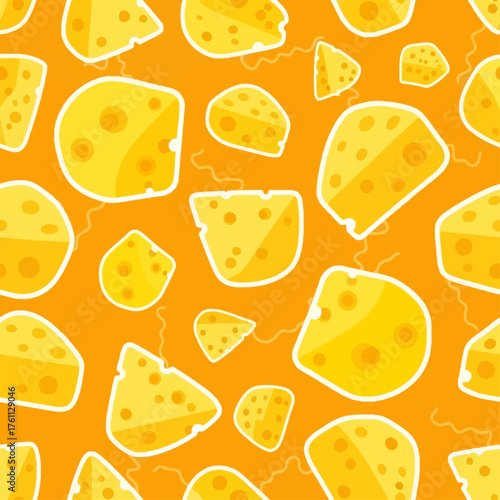 A seamless and repeating pattern of cartoon-style Swiss cheese wedges. This delicious food illustration is set against a vibrant orange background