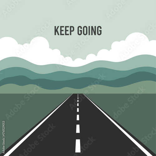 Minimalist landscape illustration of an endless highway stretching into rolling green hills, symbolizing the journey forward and perseverance