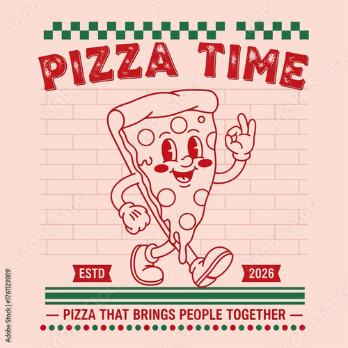 Cheerful walking pizza slice character in a retro cartoon style. Vintage food mascot illustration perfect for pizzeria branding or t-shirt design