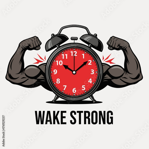 Vector illustration of a muscular alarm clock with flexing biceps, embodying a Wake Strong concept for morning motivation and fitness