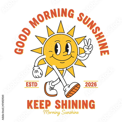A cheerful retro walking sun mascot character with a smiling face making a peace sign gesture, an upbeat vintage cartoon illustration