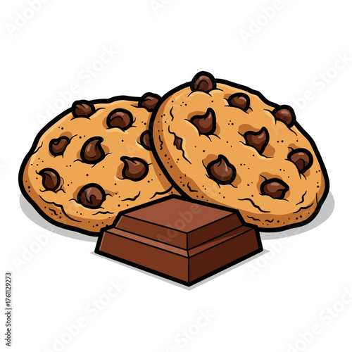 A delectable cartoon illustration of two chocolate chip cookies and a square of rich chocolate, perfect for bakery or dessert menus