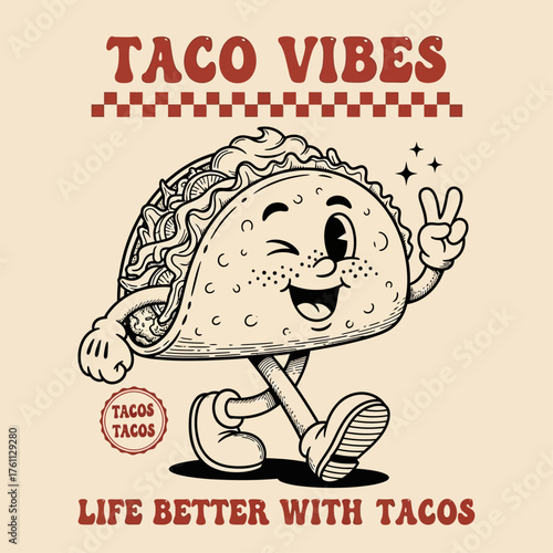 Funny retro cartoon taco mascot walking and winking with a peace sign gesture. A vintage food character illustration with positive vibes