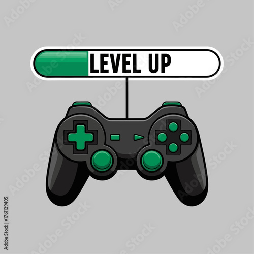 Digital entertainment concept featuring a black video game joypad and a green level up notification bar for gamer success