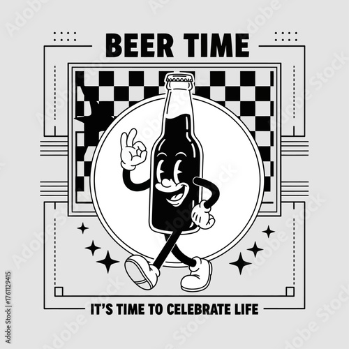 Vintage cartoon beer bottle character walking and smiling. A retro mascot illustration for celebration and fun times