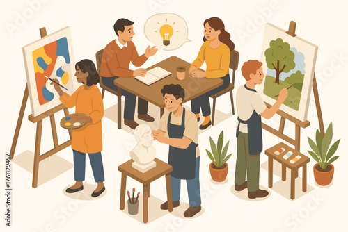 Diverse group of young adults engaged in creative art activities